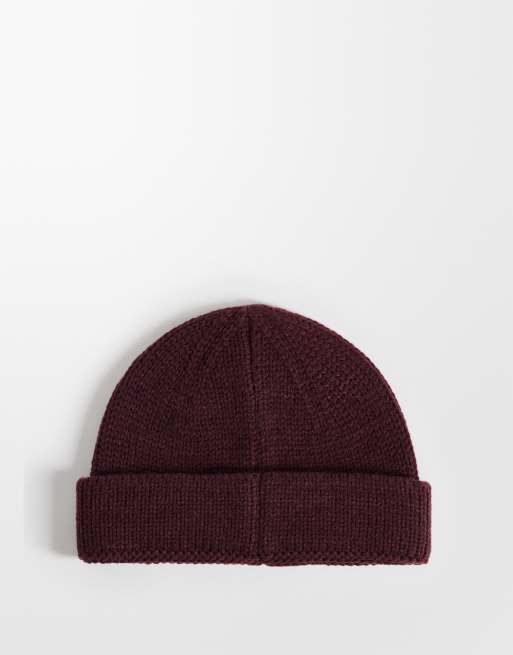 ASOS DESIGN knitted ribbed mini fisherman beanie in burgundy, 3 of 3
