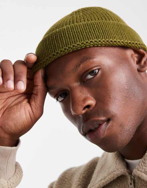 ASOS DESIGN knitted ribbed mini fisherman beanie in khaki green, 2 of 3