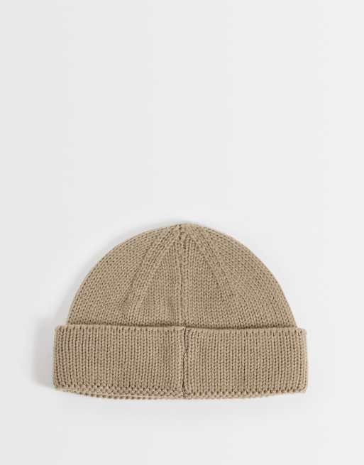 ASOS DESIGN knitted ribbed mini fisherman beanie in neutral, 3 of 3