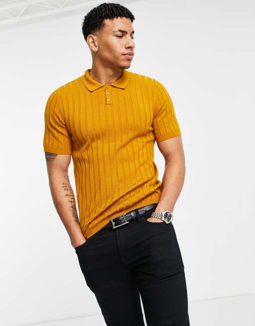 ASOS DESIGN knitted ribbed polo shirt in burnt orange