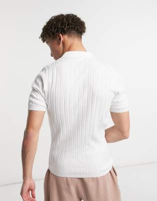 ASOS DESIGN knitted ribbed polo shirt in white