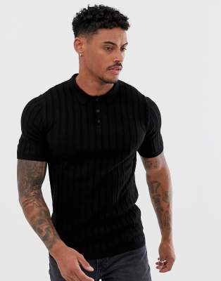 ASOS DESIGN knitted ribbed polo shirt in black