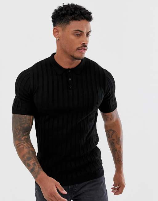 Buy Men's Chunky Ribbed Knitted Black Polo T-Shirt Online