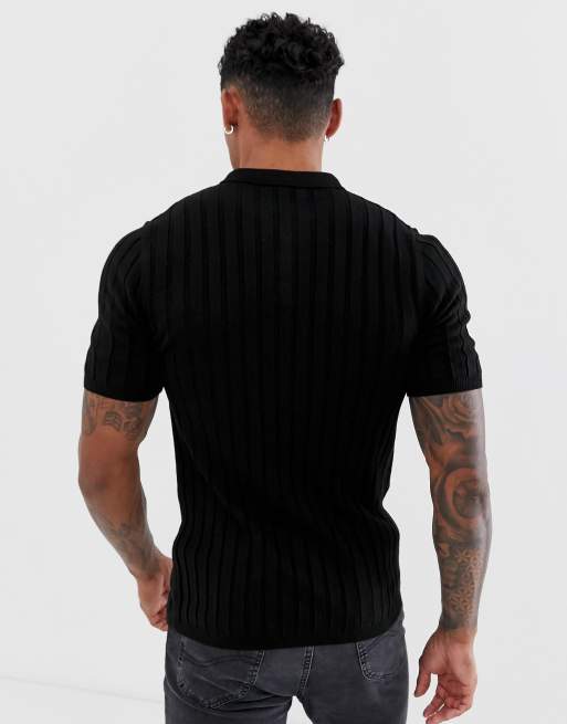 ASOS DESIGN knitted ribbed polo shirt in black