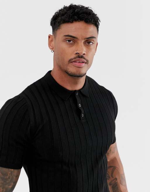 ASOS DESIGN knitted ribbed polo shirt in black