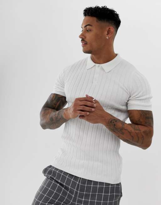 ASOS DESIGN knitted ribbed polo shirt in white