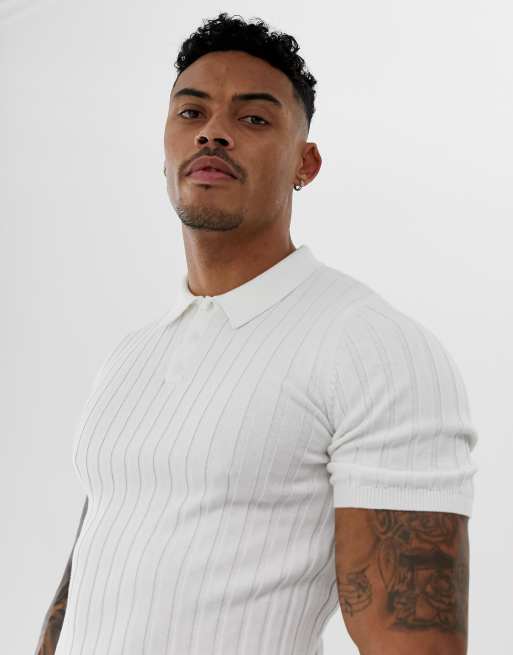 ASOS DESIGN knitted ribbed polo shirt in white