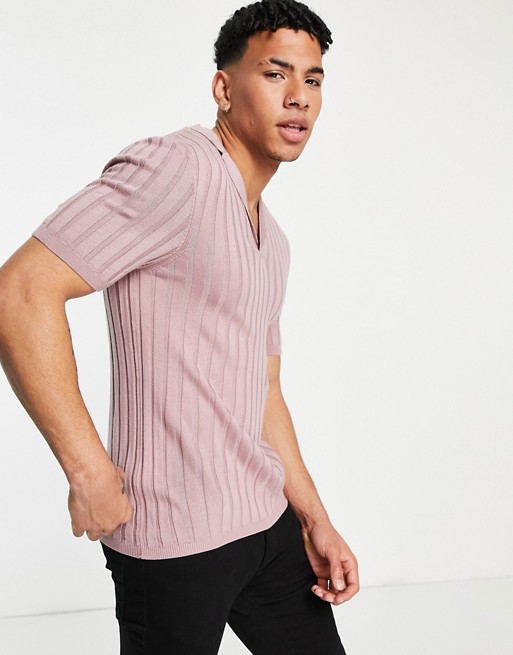 ASOS DESIGN knitted ribbed revere polo t-shirt dusty pink