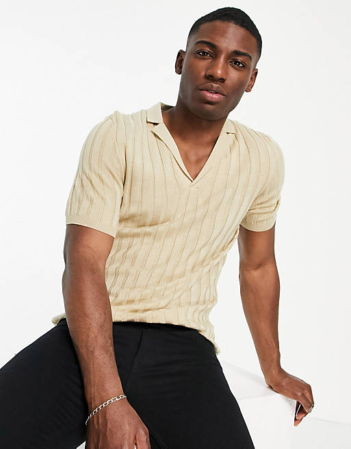 ASOS DESIGN knitted ribbed revere polo t-shirt oatmeal