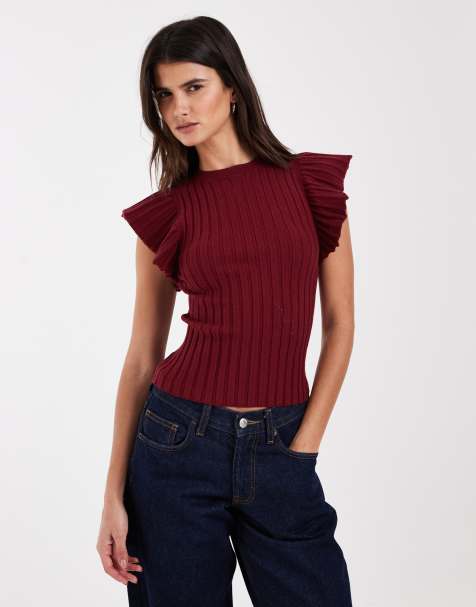 ASOS DESIGN knitted ribbed short sleeve tee in plum - view 1