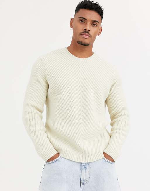 ASOS DESIGN knitted ribbed sweater in oatmeal | ASOS