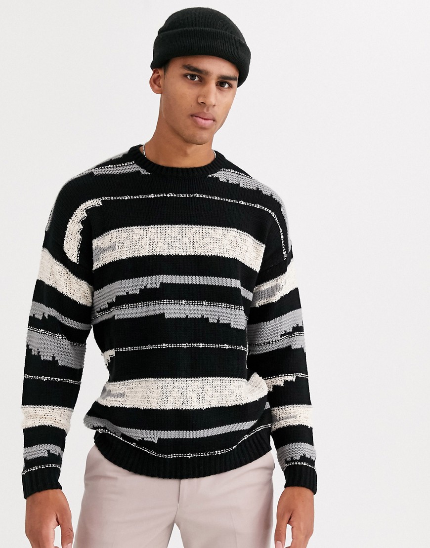 ASOS DESIGN knitted ribbed sweater with texture stipe in black