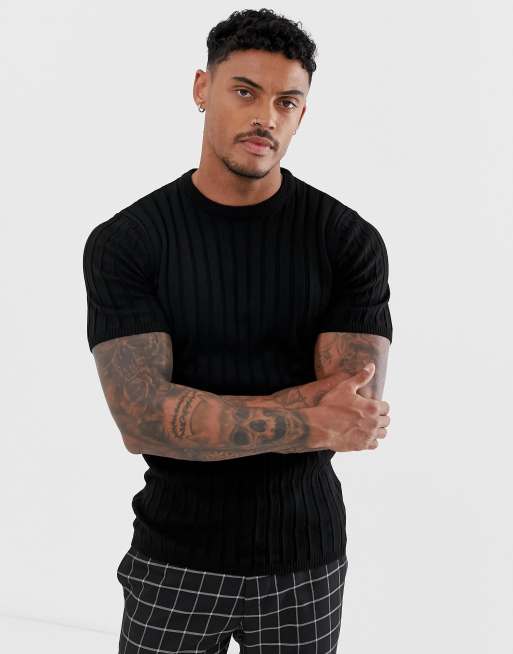 ASOS DESIGN knitted ribbed t shirt in black