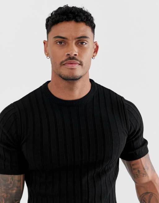 ASOS Knitted Ribbed Polo Shirt in Black for Men