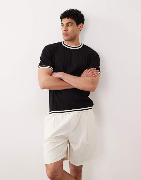ASOS DESIGN knitted ribbed t-shirt with white tipping in black