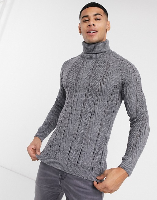 ASOS DESIGN knitted roll neck jumper with cable knit in charcoal