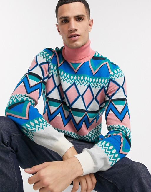 ASOS DESIGN knitted roll neck jumper with geo mutli colour design