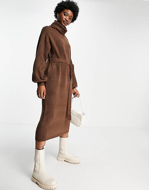 ASOS DESIGN knitted roll neck midi dress with tie waist in brown