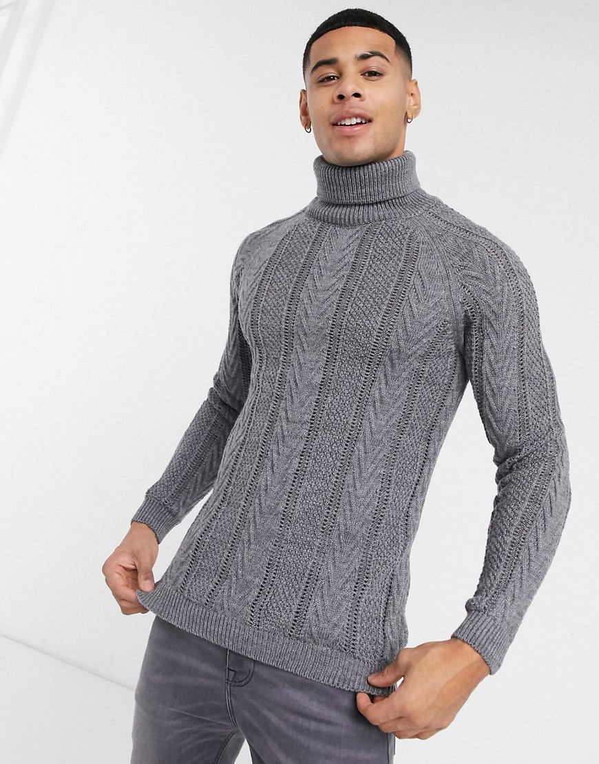 ASOS DESIGN knitted roll neck sweater with cable knit in charcoal-Grey