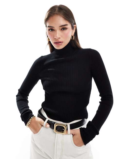 ASOS DESIGN knitted roll neck top in engineered rib in black ASOS