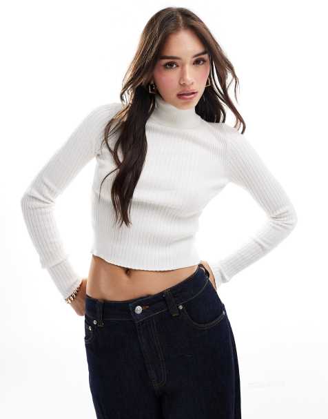 ASOS DESIGN knitted roll neck top in engineered rib in cream - view 1