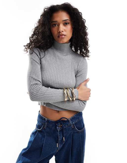 ASOS DESIGN knitted roll neck top in engineered rib in gray