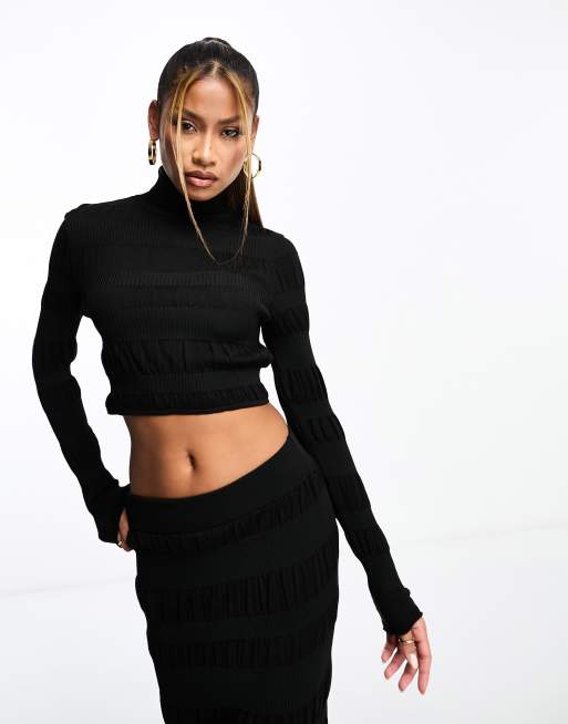 ASOS DESIGN turtleneck long sleeve rib crop top in black