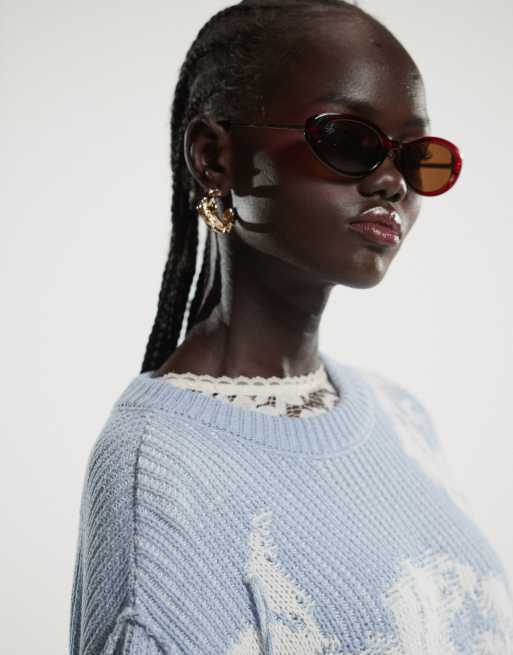 ASOS DESIGN knit rose print oversized crew neck sweater in baby blue