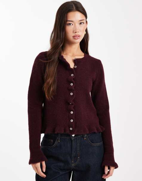 ASOS DESIGN knitted ruffle cardigan with wool in wine