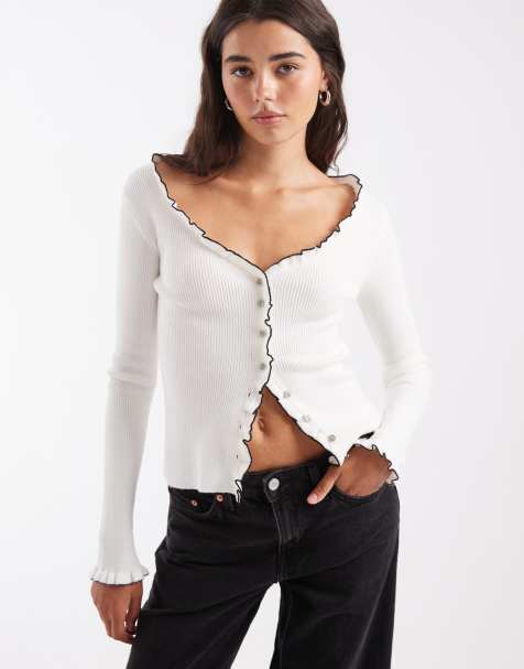 ASOS DESIGN knitted ruffle detail cardigan in ecru - view 1