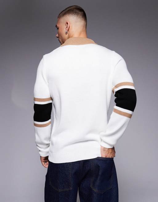 ASOS DESIGN knitted rugby jumper with stripe sleeves in white, 2 of 4