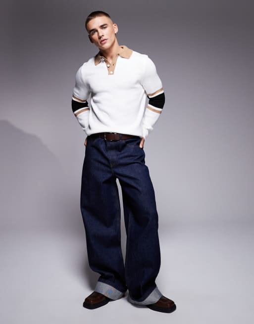ASOS DESIGN knitted rugby jumper with stripe sleeves in white, 4 of 4