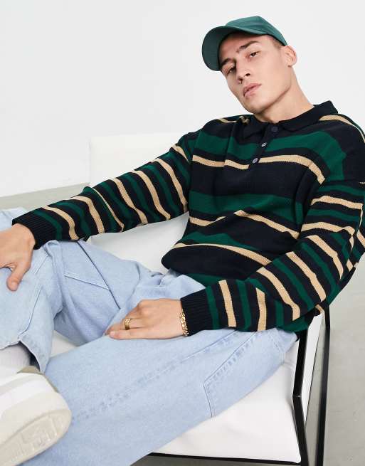 ASOS DESIGN knitted rugby polo jumper in green stripes | ASOS