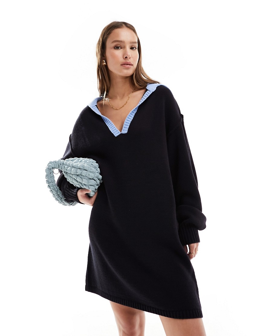 ASOS DESIGN knitted rugby shirt mini dress-Navy