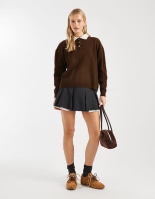 Asos Design Knitted Rugby Top In Brown