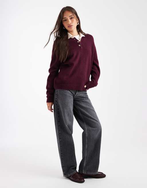 ASOS DESIGN knitted rugby top in wine