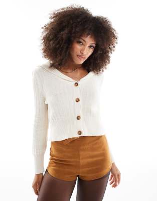 Asos Design Knitted Sailor Collard Button Through Cardigan In Cream-white