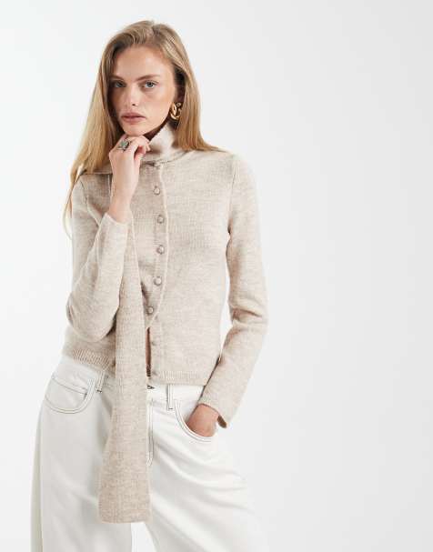 ASOS DESIGN knitted scarf detail cardigan in oatmeal