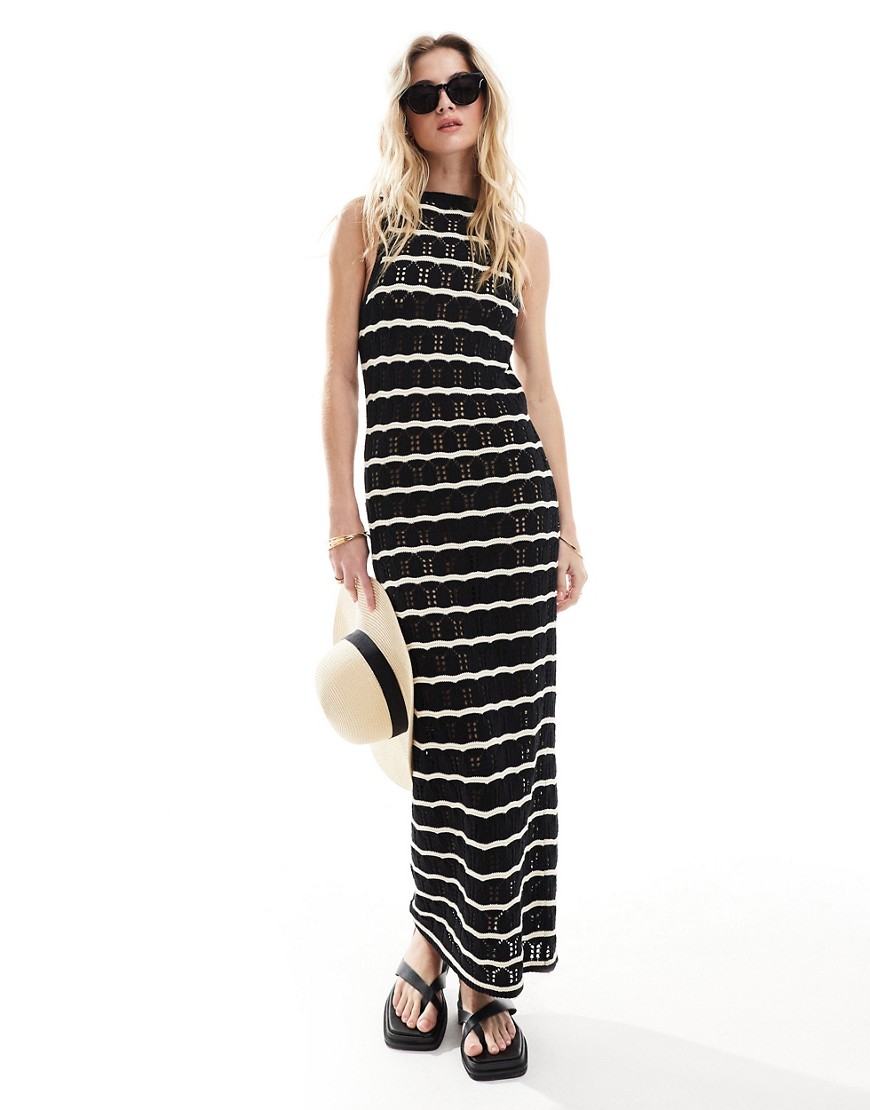 ASOS DESIGN knitted scoop maxi dress in textured wave stitch in mono stripe-Multi