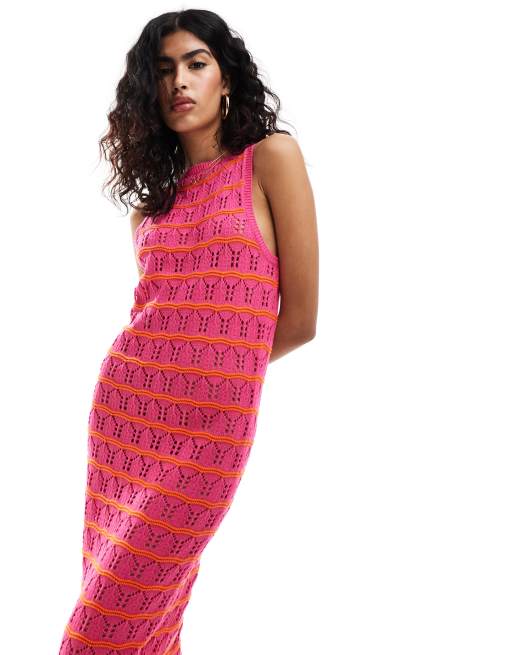 ASOS DESIGN knitted scoop maxi dress in textured wave stitch in pink and orange stripe ASOS