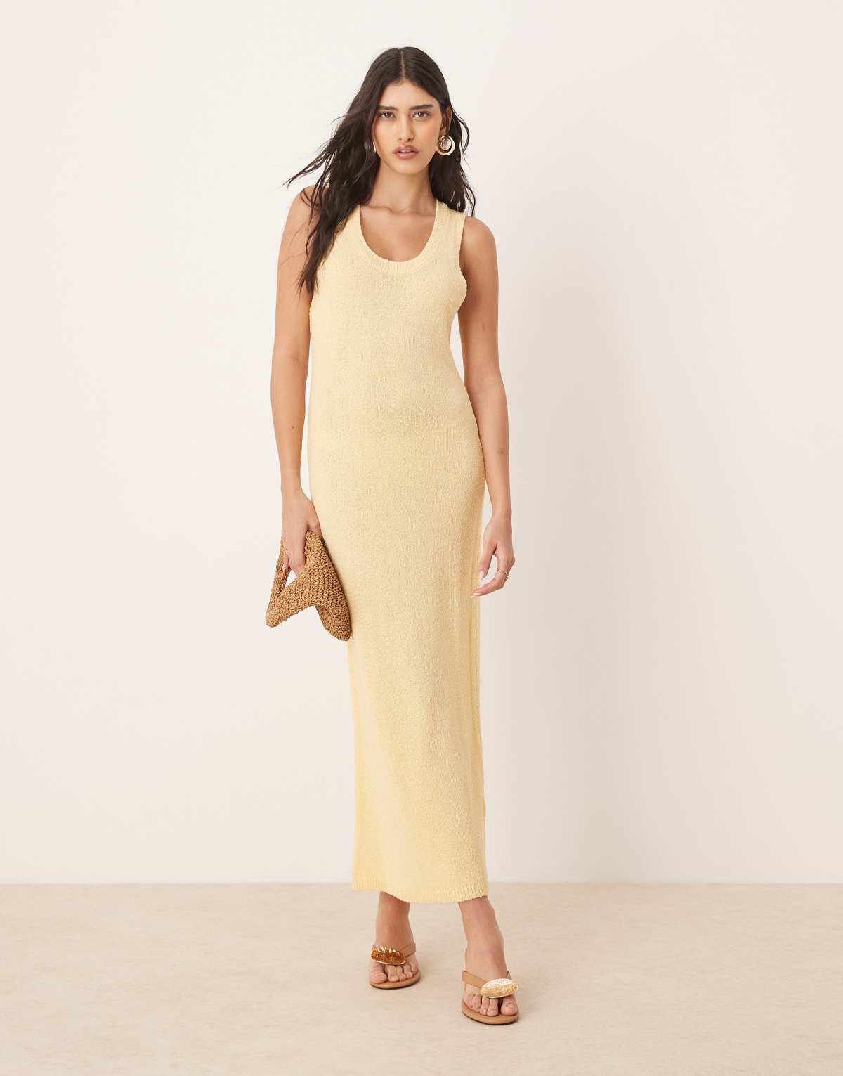 ASOS DESIGN knitted scoop neck textured midaxi dress in buttermilk