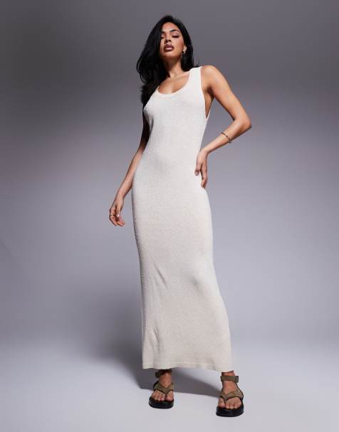 ASOS DESIGN knitted scoop neck textured midaxi dress in cream - view 1