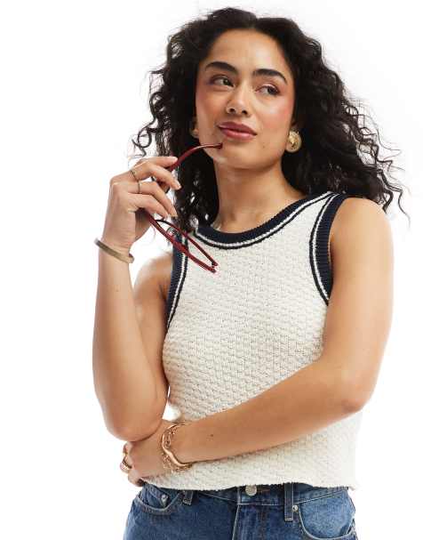 ASOS DESIGN knitted scoop racer vest in textured yarn with tipping in cream - view 1