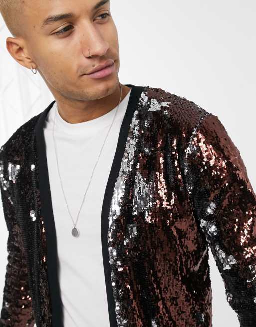 ASOS DESIGN knitted sequin cardigan in brown | ASOS