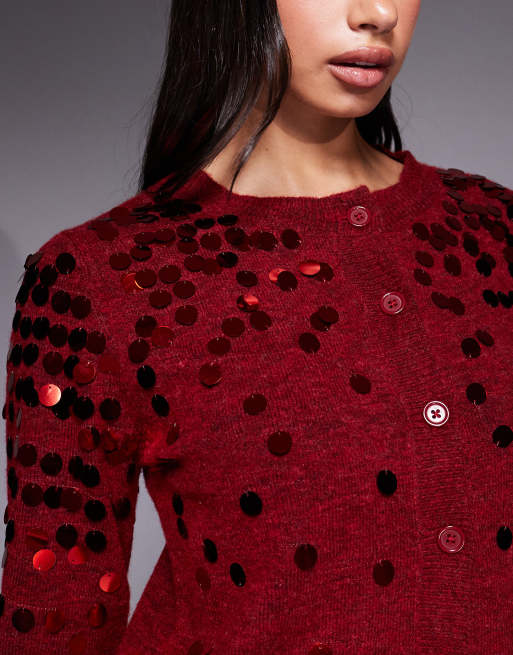 ASOS DESIGN knitted sequin cardigan in red, 3 of 4