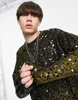 ASOS DESIGN knitted sequin jumper in black & gold twist yarn