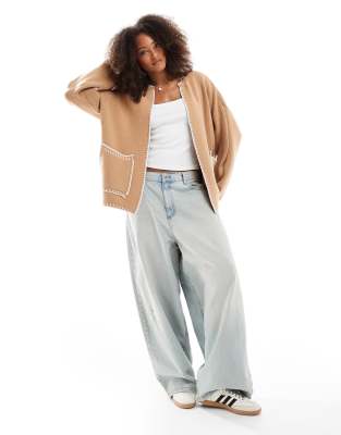 ASOS DESIGN knitted shacket with blanket stitch detail in beige-Neutral