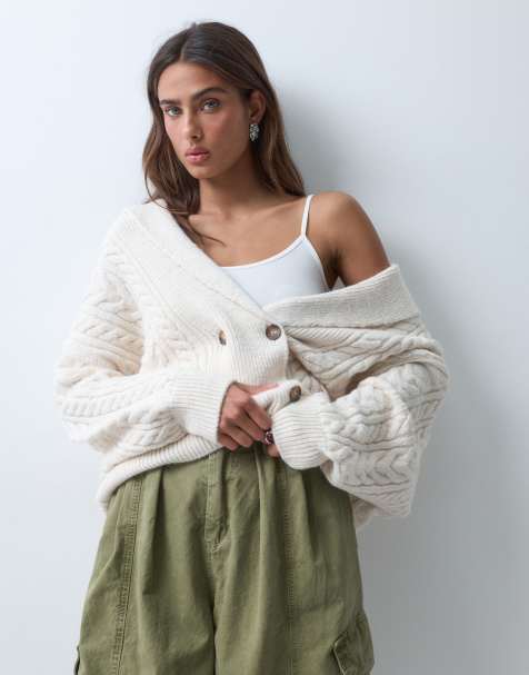ASOS DESIGN knitted shawl cable cardigan in cream - view 1
