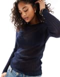 [ASOS DESIGN] ASOS DESIGN knitted sheer crew neck top in navy-Grey S Navy