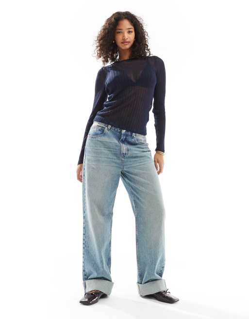 ASOS DESIGN knitted sheer crew neck top in navy